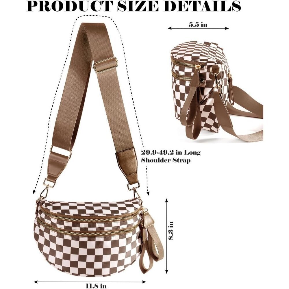 Women Brown Imported Polyester Checkered Crossbody Fanny Packs Belt Bum Bag - Picture 3 of 6